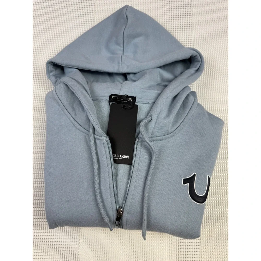 True Religion Mens Dusty Blue Full Zip Hoodie Horseshoe Buddha Logo NWT